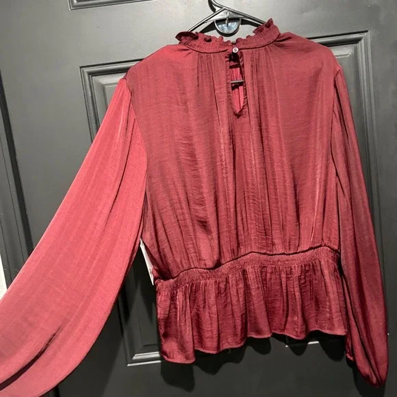 Nine West‎ NWT Burgundy Mock Neck Ruffle Peplum Blouse Long Sleeve Women Size XL - Picture 3 of 6